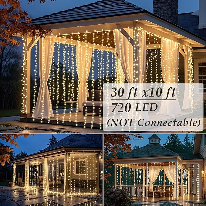 Solhice LED Curtain Lights Outdoor 30ft x10ft, 720 LED Plug in Hanging String Lights Indoor, Twinkle Light Backdrop for Outside Wedding Bedroom Décor, Warm White (Not Connectable)