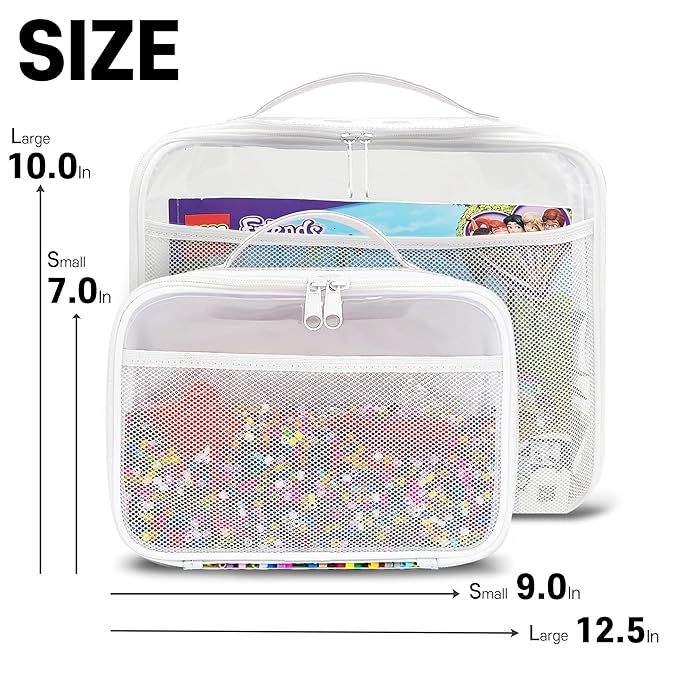 holay 4 Packs PVC Toy Storage Organizer with Zipper, Name Tag & Manual Pocket, Clear Durable Case for Blocks, Clay, Board Games, Travel (White, Small, Large)