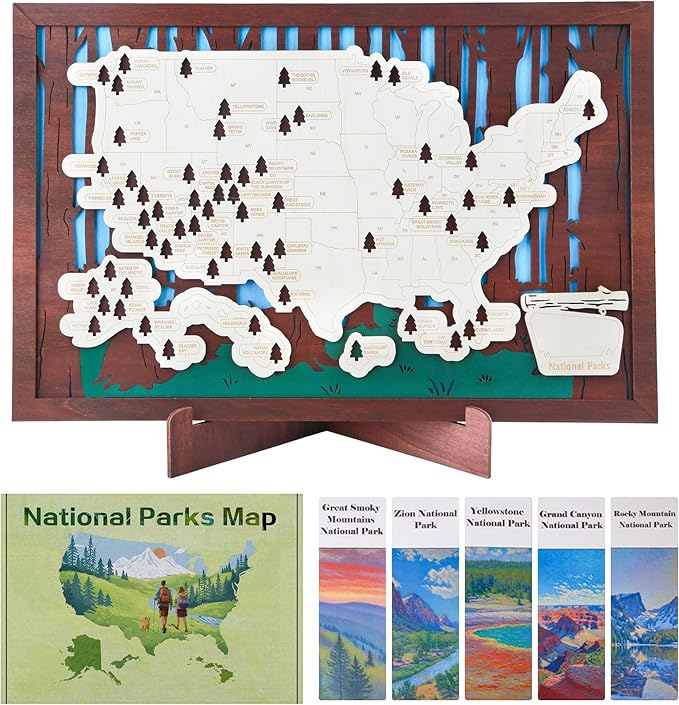 Wooden US National Parks Map Travel Tracker – 3-Layer Framed Wall Art with 70 Tree Pins, Stand, Marker & Gift Box – National Park Checklist Map, Holiday and Educational Geography Gift for Adventurers, Families & Outdoor Lovers, Perfect for RV, Home & H...