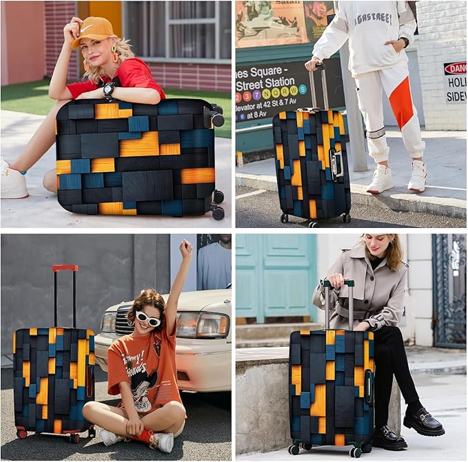 ANNA QUEEN Dark Geometric Wood Luggage Cover, Modern Abstract Suitcase Protector for 24-26 Inch Bags
