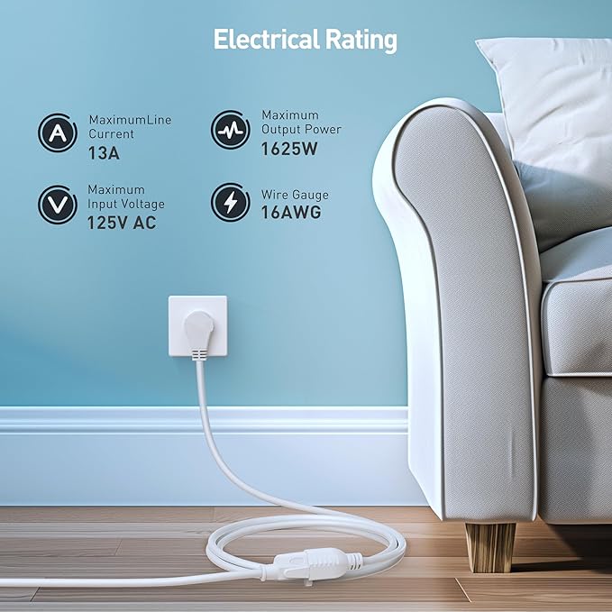 [ETL Listed] Cable Matters 2-Pack 16 AWG 360° Rotating Flat Plug Extension Cord - 10ft, 13A/1625W, Low Profile 3 Prong Power Extension Cords, NEMA 5-15P to NEMA 5-15R, White