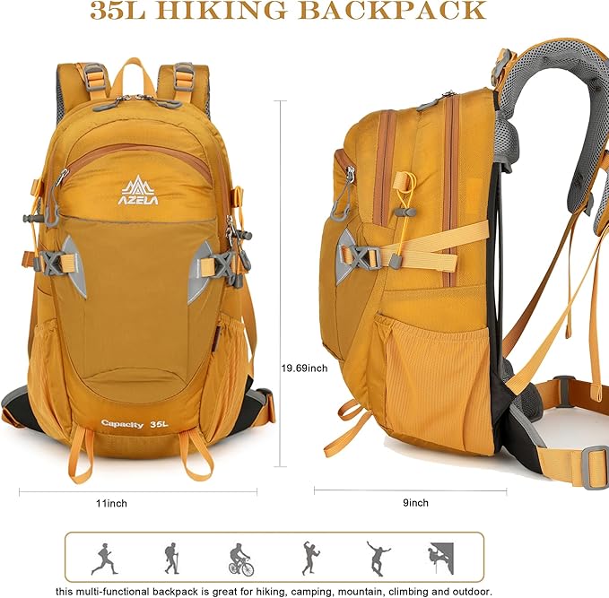 35L Hiking Backpack Detachable Frame Backpack with Rain Cover Waterptoof Travel Backpack for Women Men Daypack for Camping (Yellow)