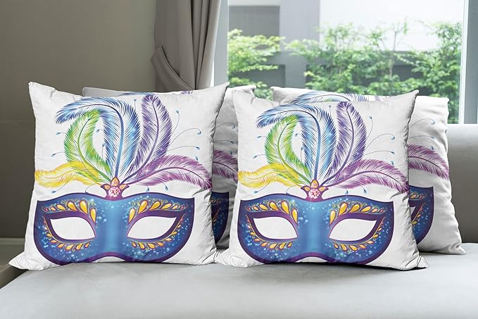 Ambesonne Mardi Gras Throw Pillow Cushion Case Pack of 4, Blue Ornate Venetian Festival with Feathers Masquerade Parade Preparations, Modern Accent Double-Sided Digital Printing, 20", Blue