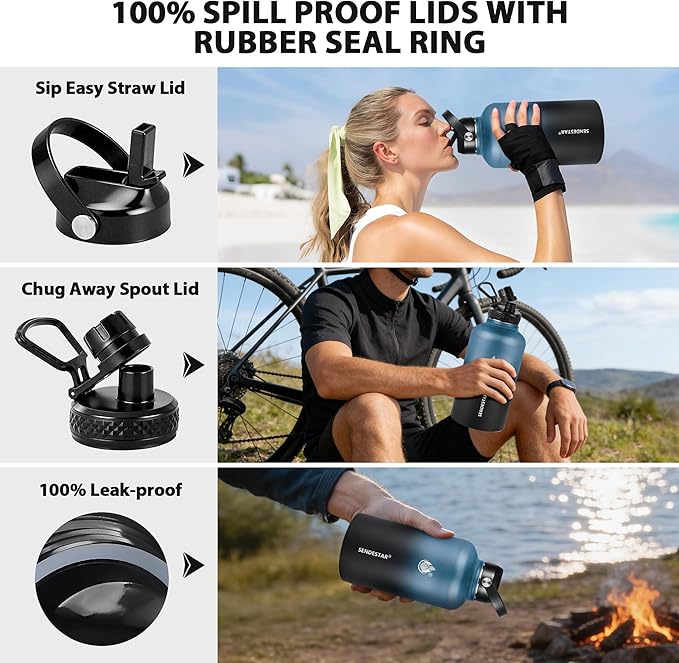 Insulated Water Bottle 64 oz, Triple Wall Vacuum Stainless Steel Water Bottles (Cold for 48 Hrs), Leak Proof & Non-BPA, Half Gallon Water Flask Jug Wide Mouth Straw Lid & Spout Lid