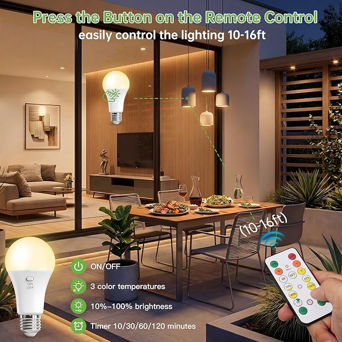 Kimjo 6 Pack Rechargeable Light Bulbs with Remote, Keep Lighting During Power Outage, 2600mAh Emergency Battery Operated Light Bulb with 3 Colors, Dimmable for Home, Camping, Tent (E26, with Hook)