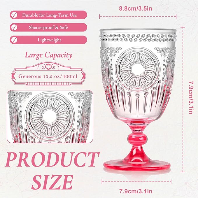 XUWAIDSGN 12Pcs Plastic Vintage Wine Glasses 13.5oz Reusable Embossed Goblet Glasses Pink Gradient Retro Wine Glassware Unbreakable Stemmed Champagne Water Cups for Wine Cocktail Juice Wedding