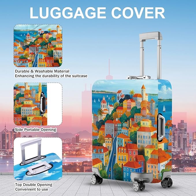 ANNA QUEEN Mediterranean Town Luggage Cover, Coastal City Suitcase Protector, Stretchable Washable Travel Cover for 28-30 Inch Luggage