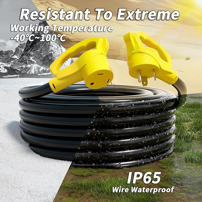 PlugSaf 50 FT 30 Amp RV Extension Cord Outdoor with Grip Handle, Flexible Heavy Duty 10/3 Gauge STW RV Power Cord Waterproof with Cord Organizer, NEMA TT-30P to TT-30R, Black-Yellow, ETL Listed