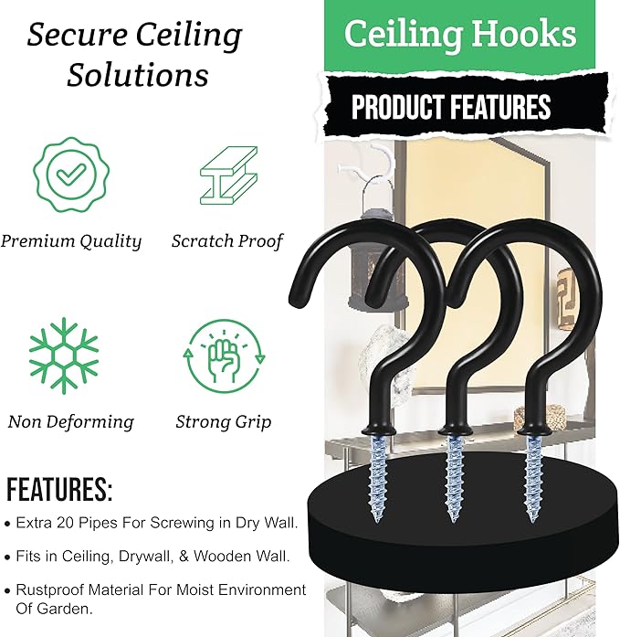 Ceiling Hooks for Hanging Plants- 20pcs 2.9 inches Heavy Duty Vinyl Coated Plant and Kitchen Mug, Black Hanging Hooks for Indoor Outdoor Lights and Wind Chimes