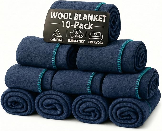 Wool Camping Blanket 10-Pack - 70% Wool Heavy-Duty Military Style Throw, Warm & Washable, Fire Retardant Cover for Emergency, Survival & Outdoor Use - For Camping, Car, Home & Hiking, Navy 66x90