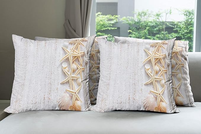 Ambesonne Seashells Throw Pillow Cushion Case Pack of 4, Starfish Marine in Vertical Direction Wood Surface Ocean Beach Nautical Print, Modern Accent Double-Sided Digital Printing, 16", Ivory Cream