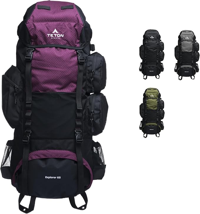 Teton 65L Explorer Internal Frame Backpack for Hiking, Camping, Backpacking, Rain Cover Included, Huckleberry