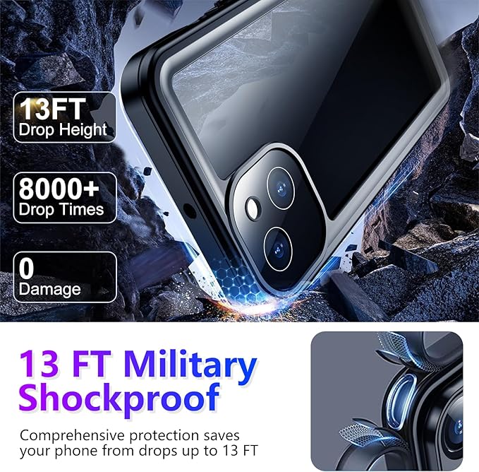 Temdan Compatible with iPhone 13 Case Waterproof, Built-in Screen & Camera Protector IP68 Underwater Full Body 13FT Military Dropproof Shockproof Phone Case 6.1"-Purple/Clear