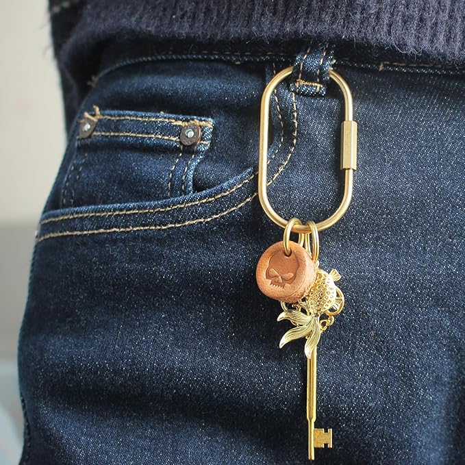 CMVFYL 10 Pcs Gold Brass Key Rings,Small Locking Carabiner Clip Keychain,Screw Lock Oval Keyring,Purse Bag Charms Holder for Handbag