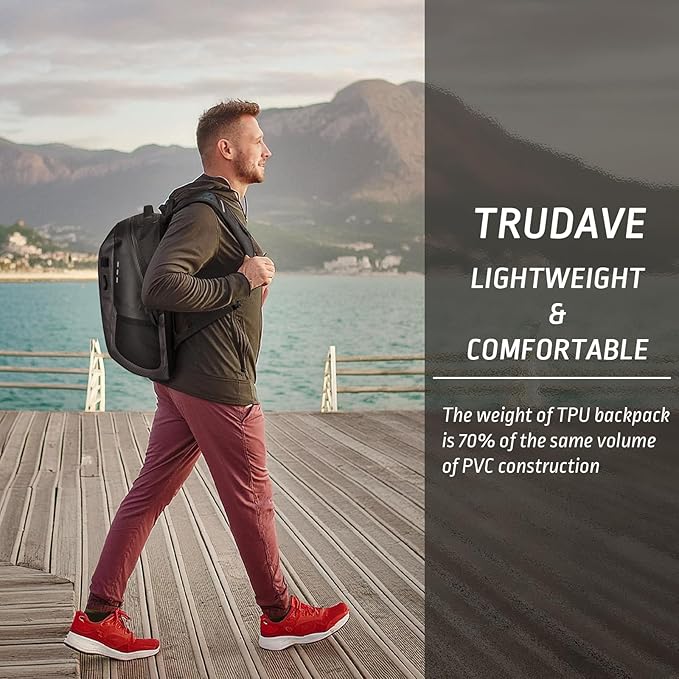 Trudave Waterproof Backpack, Waterproof Submersible Backpack, Floating TPU Coated Dry Bag with Airtight Zipper for Kayak, Fishing, Boating, Hiking, Black (20L)