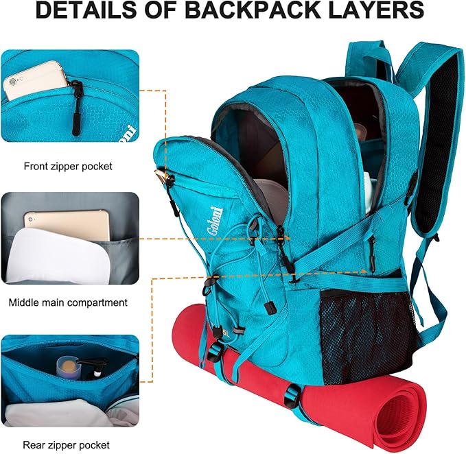 Goloni 45L Hiking Backpack Lightweight Foldable, Waterproof Camping Backpack with Rain Cover & Hiking Pole Mat Carrying System, Ergonomic Water Resistant Daypack for Trekking Travel Men Women Blue