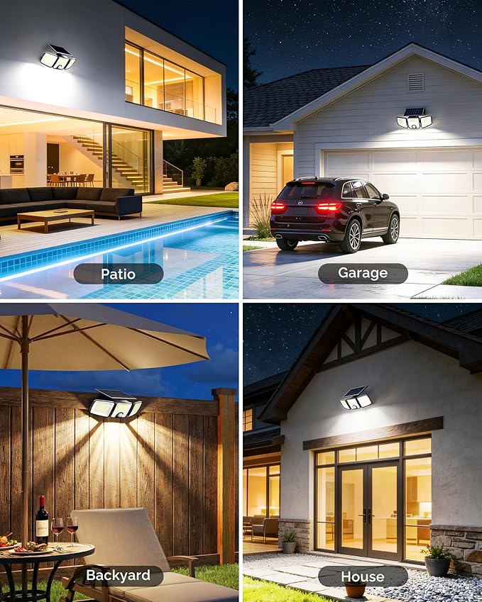 Brightown 3 Pack Solar Outdoor Lights with Motion Sensor, 223 LED 3 Head 270° Wide Angle Street Area Security Lights with Remote, IP65 Waterproof Flood Wall Lights with 3 Modes for Yard Outside