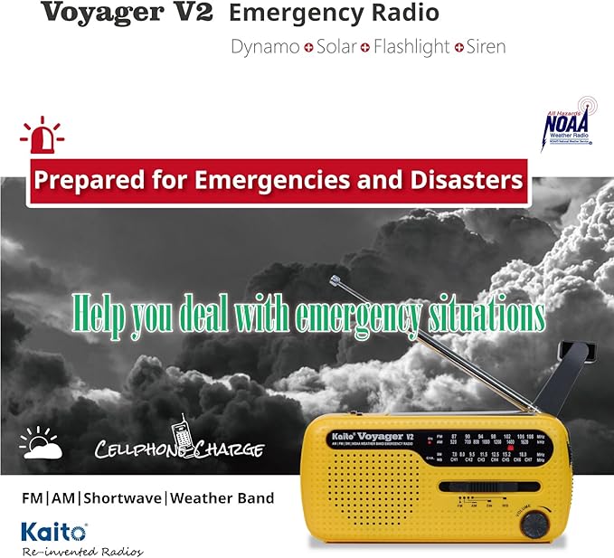 Kaito Best NOAA and SW Portable Solar/Hand Crank AM/FM, Shortwave & NOAA Weather Emergency Radio with USB Cell Phone Charger & LED Flashlight (Yellow)