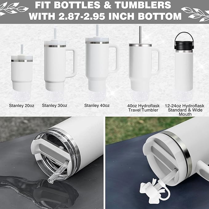 9PCS White for Stanley Cup Accessories Set Bling Initials Bow Charms for Stanley Decorations 30/40 Oz Tumbler Accessories Including Bow Straw Topper, Handle Strap, Spill Stopper（Letter S）