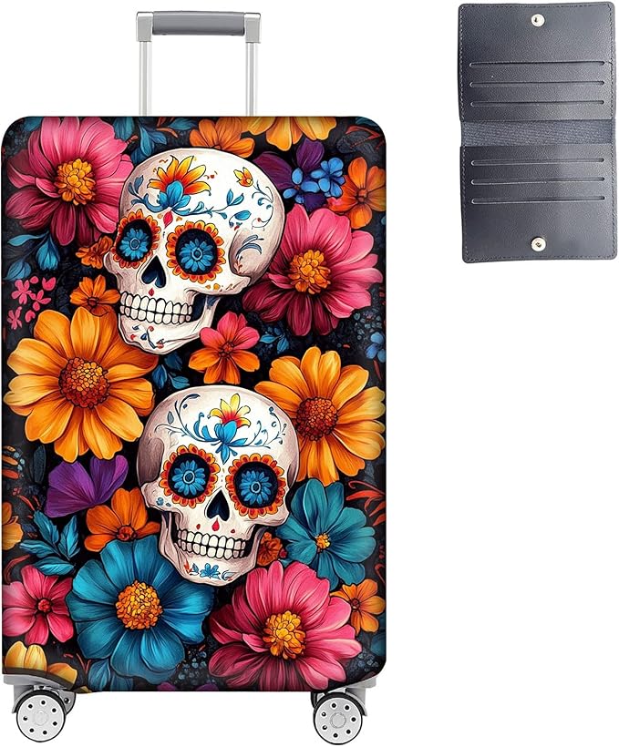 Luggage Cover Protector for 22-24 Inch Suitcases, TSA Approved Elastic Travel Suitcase Covers, Anti-Scratch Washable Luggage Sleeve for Carry On & Checked Bags, Sugar Skulls