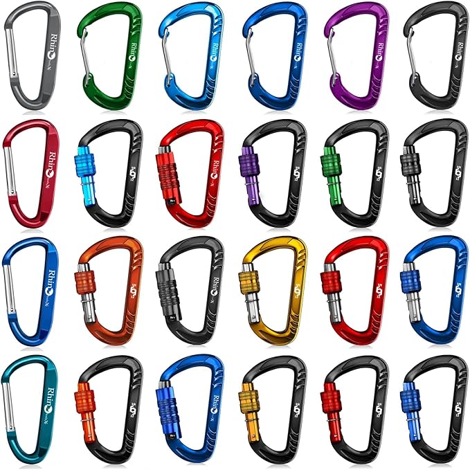 Rhino Produxs 8PCS of Lightweight Duty Snap Carabiner Clips, D Ring Shape Carabiner with 8PCS Keyring - Excellent for Outdoor, Camping, Hiking, Keychains, Water Bottle, Keychain Hook