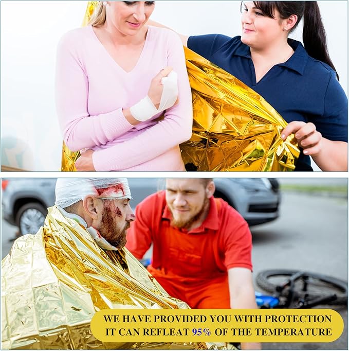 Macarrie 100 Pack Emergency Thermal Blankets Silver Foil Survival Blanket Space Blanket Survival Kit for Outdoors, Camping, Hiking, Homeless, Survival or First Aid (Gold)