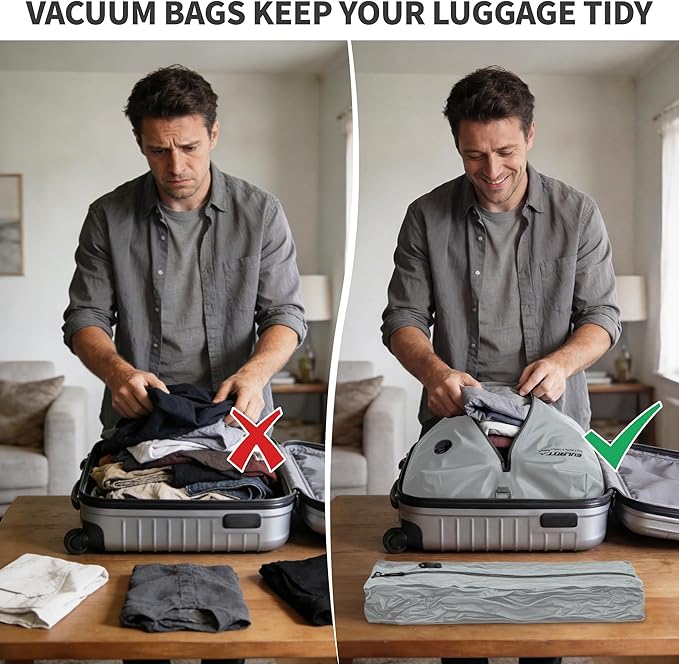 Reusable Vacuum Bags for Travel With Pump,Professional Waterproof IPX8 Zipper Vacuum Compression Bag for Suitcases Backpack,Space Saver Bags Packing Organizers forClothingPacking(2 Pack,Neutral Gray)
