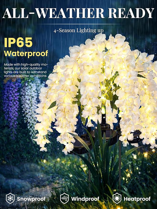 GIGALUMI Solar Lights Outdoor for Garden Decor, 3 Pack Solar Flower Lights Waterproof, 2 Lighting Modes Wisteria for Pathway,Yard, Patio Decoration, Gardening Gifts for Women (White)