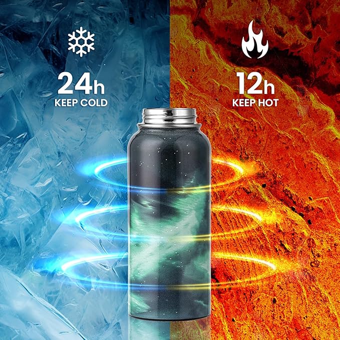 RAYMYLO Insulated Water Bottle 32 oz, Triple Wall Vacuum Stainless Steel (Cold for 24Hrs, Hot for 12Hrs), Leak Proof & Non-BPA, Modern Water Flask Jug with Paracord Handle & Straw Spout Lids