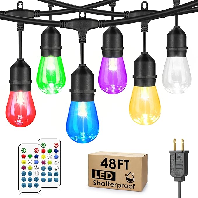 Larkvue 48FT RGBW Outdoor String Lights with Remote, Patio Lights with 15+2 Edison S14 Dimmable Shatterproof Bulbs for Outside Garden Backyard Hanging