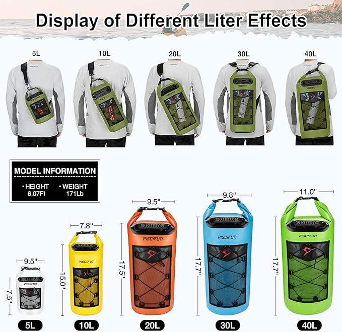 Piscifun Dry Bag, Waterproof Floating Backpack 10L/20L/30L/40L with Waterproof Phone Case for Boating, Kayaking, Fishing