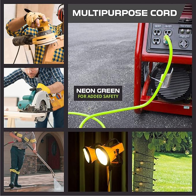 Iron Forge Cable Weatherproof 10 Ft Outdoor Extension Cord Neon Green - 12/3 SJTW 15 Amp Heavy Duty Light Green High Visibility Cable with 3 Prong - Lighted End