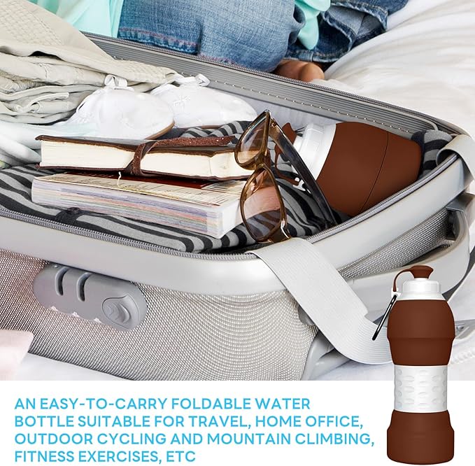 Collapsible Lightweight 20oz Water Bottle, Food-Grade Silicone BPA Free, Foldable Portable Leak Proof Office Travel Cycling Sports Outdoor Water Bottle with Vertical Hook (brown, long nozzle)