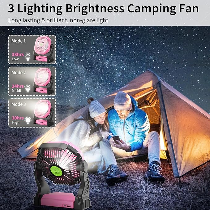Portable Fan Rechargeable Camping Essentials, Cordless Camping Fan Battery Powered with Led Lights & 360°Hook, USB Battery Operated Fans for Women,4 Speeds Tent Portable for Traveling X23 Pink