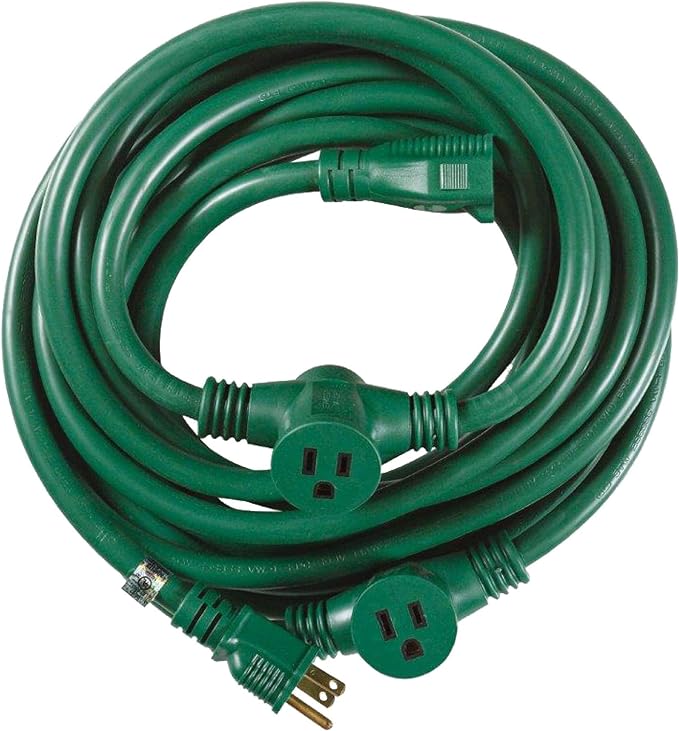 Southwire Outdoor Extension Cord - Durable Medium-Duty Yard & Patio Cable - SJTW Extension - 14 Gauge - 3 Conductor - 3 Outlet - Green - 25 Foot