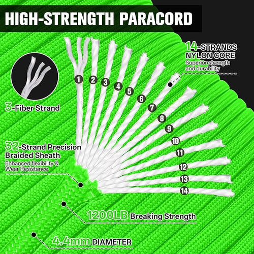 1200 Paracord Rope - 4.4mm 14 Strand Nylon Parachute Spool para Cord Lanyard for Outdoor Camping Survival Utility Tent Crafting DIY Projects Fishing Clothsline Bracelet - Neongreen 500FT