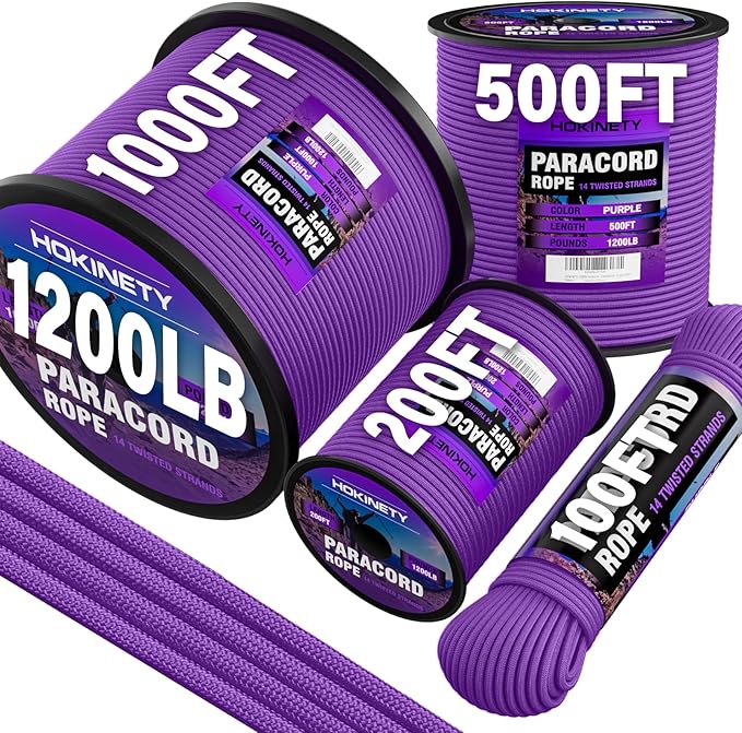 1200 Paracord Rope - 4.4mm 14 Strand Nylon Parachute Spool para Cord Lanyard for Outdoor Camping Survival Utility Tent Crafting DIY Projects Fishing Clothsline Bracelet - Purple 500FT