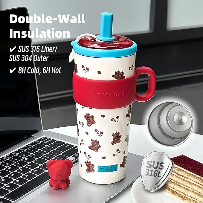 21oz Cute Bear Car Cup with Straw & Cap, Leak-Proof Portable Mug with Tea Strainer, Insulated for Hot/Cold - Ideal for Car, Office, Outdoor (Green)