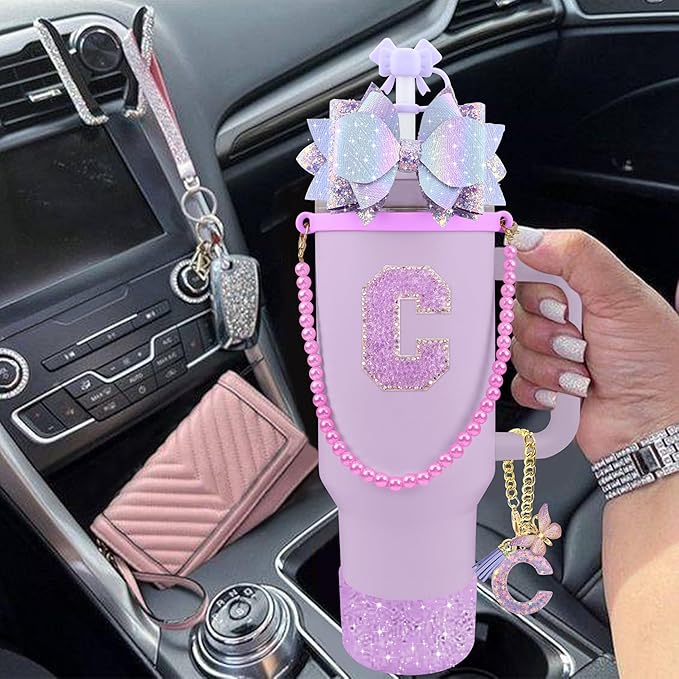 9PCS Purple for Stanley Cup Accessories Set Bling Initials Bow Charms for Stanley Decorations 30/40 Oz Tumbler Accessories Including Bow Straw Topper, Handle Strap, Spill Stopper（Letter C）
