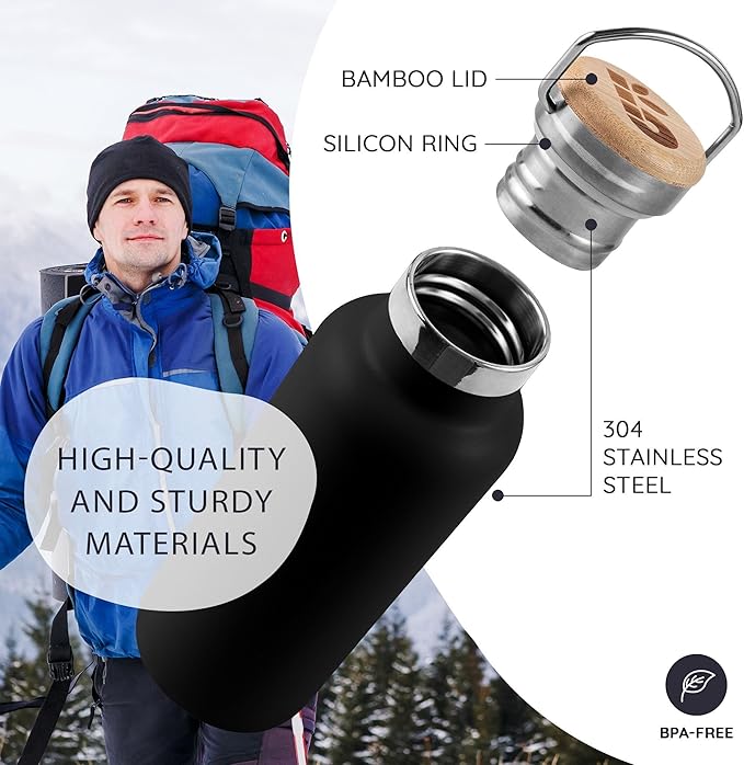 Bambaw 16 oz Stainless Steel Water Bottle, Metal Water Bottle Insulated, Easy to Clean & Carry, Great for Travel, School & Gym, Made of High-Grade Stainless Steel (Jet Black)