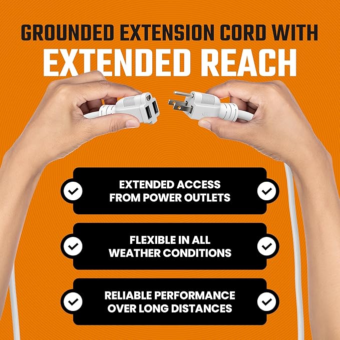 Heavy Duty Extension Cord/Wire Power Cable, Indoor/Outdoor, 16/3, Single Outlet, 30 Feet, UL Listed, White