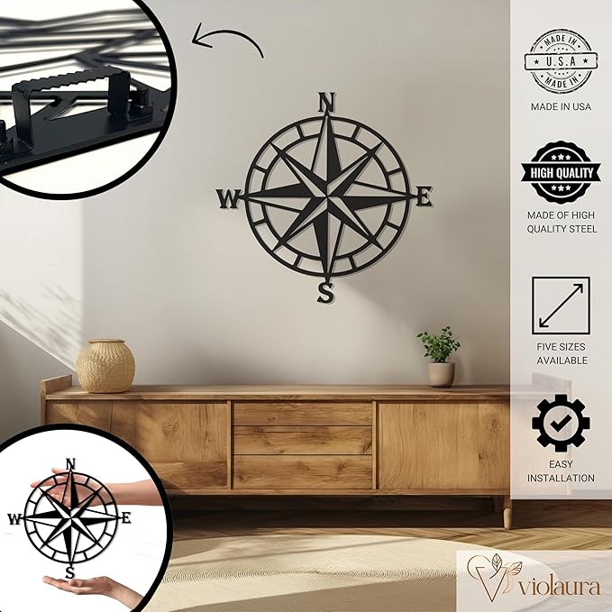 Violaura Compass Rose Metal Wall Art - Easy to Install Hanging Nautical, Directional, Adventure, Navigation, Compass Point, Explorers, Maritime, Wanderlust, Living Room Decor (24" x 24")