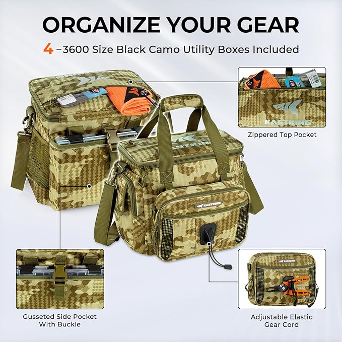 KastKing BaitSpace Fishing Tackle Bag With 4 Tackle Boxes & Removable Bait Binder, Water-Resistant Tackle Storage, Durable Fishing Gear, Adjustable Shoulder Strap