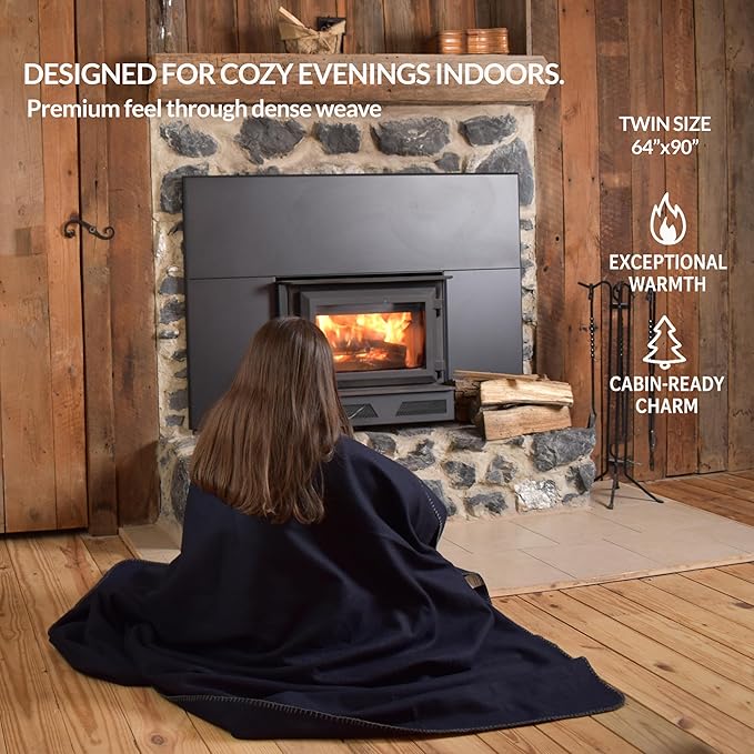 Military Style Wool Blanket – Cushioned, Breathable, Durable, Warm & Washable – Double-Stitched Border–Great for Camping, Outdoor, First Aid, Travel, Car–Fire Retardant – 64"x90" 4.7 lb (Navy Blue)