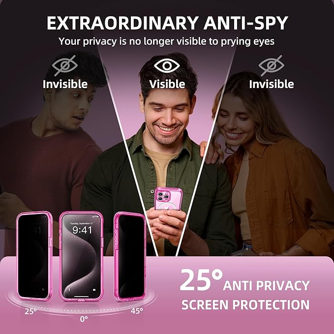 TIESZEN for iPhone 15 Pro Case, Compatible with MagSafe, Built-in Privacy Screen Protector and Camera Protection, Anti Spy Full Body Dustproof Shockproof Hard Phone Case 6.1", Bright Pink