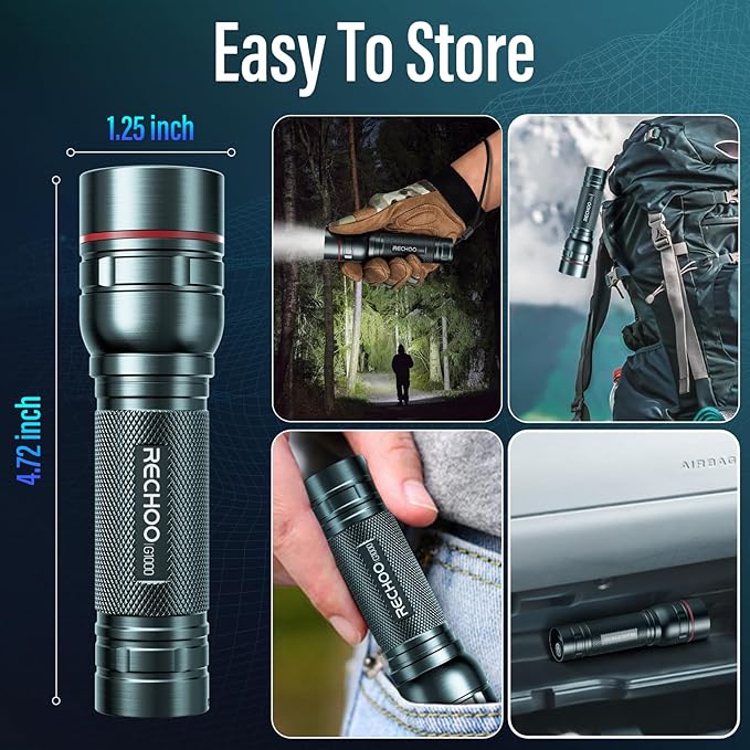 Rechargeable Flashlights High Lumens, G1000 Super Bright Flash Light 2 Pack, Small Zoomable LED Flashlight with 3 Lighting Modes, Portable Flashlight for Camping Essentials (Battery Included)-Grey