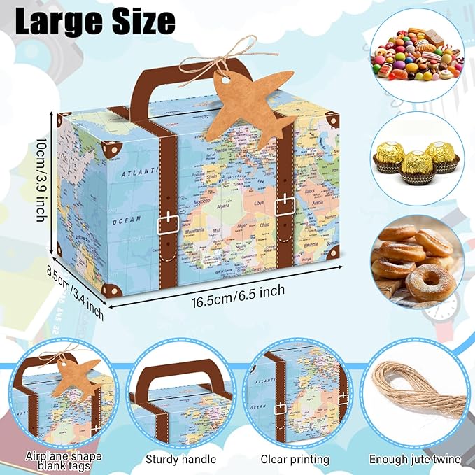 24Pcs Large Suitcase Party Favor Boxes Travel The Map Paper Treat Box with Tags Birthday Supplies Travel Theme Candy Goodie Gift Boxes for Birthday Baby Shower Wedding Adventure Party Table Decoration