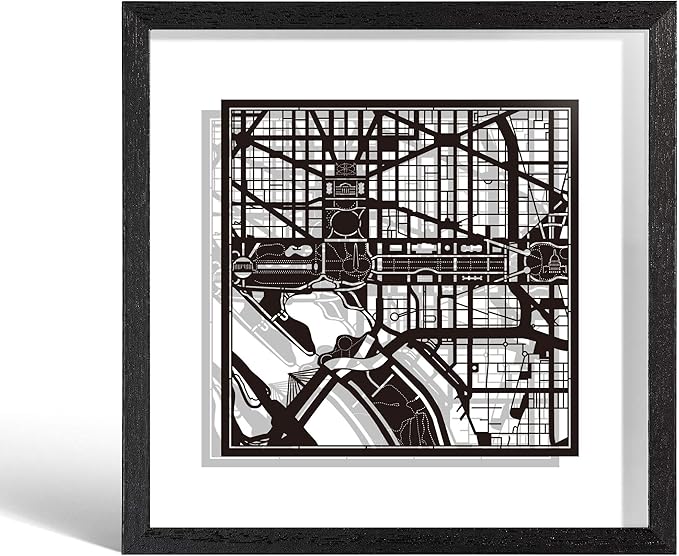 O3 Design Studio Washington D.C. Cut Map Framed, Black map, Black Frame, 9x9 inches, Paper Cutting Art Work, Gift Boxed, 2 Background Color, self-Changing, Wall Art