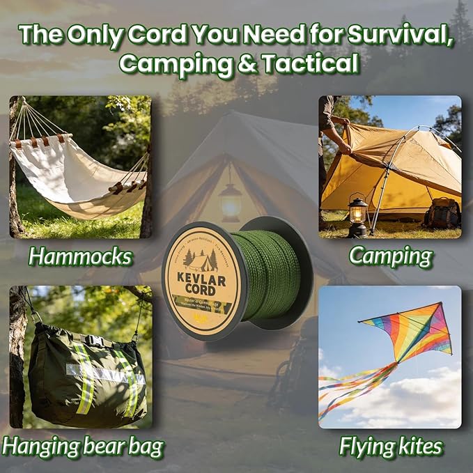9KM DWLIFE Camo Green Kevlar Cord, High Strength, Ultralight, Abrasion Resistance for Trip Wire, Saw, Model Rocket, Hammock Tarp Ridgeline, Camping，Tactical Survival