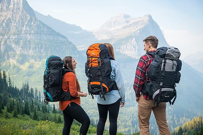 Teton 65L Explorer Internal Frame Backpack for Hiking, Camping, Backpacking, Rain Cover Included, Huckleberry